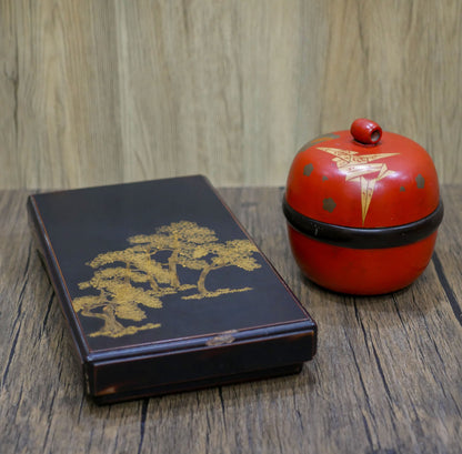 Vintage Japanese Black Lacquered Writing Box and Red Round Lacquered Wooden Box