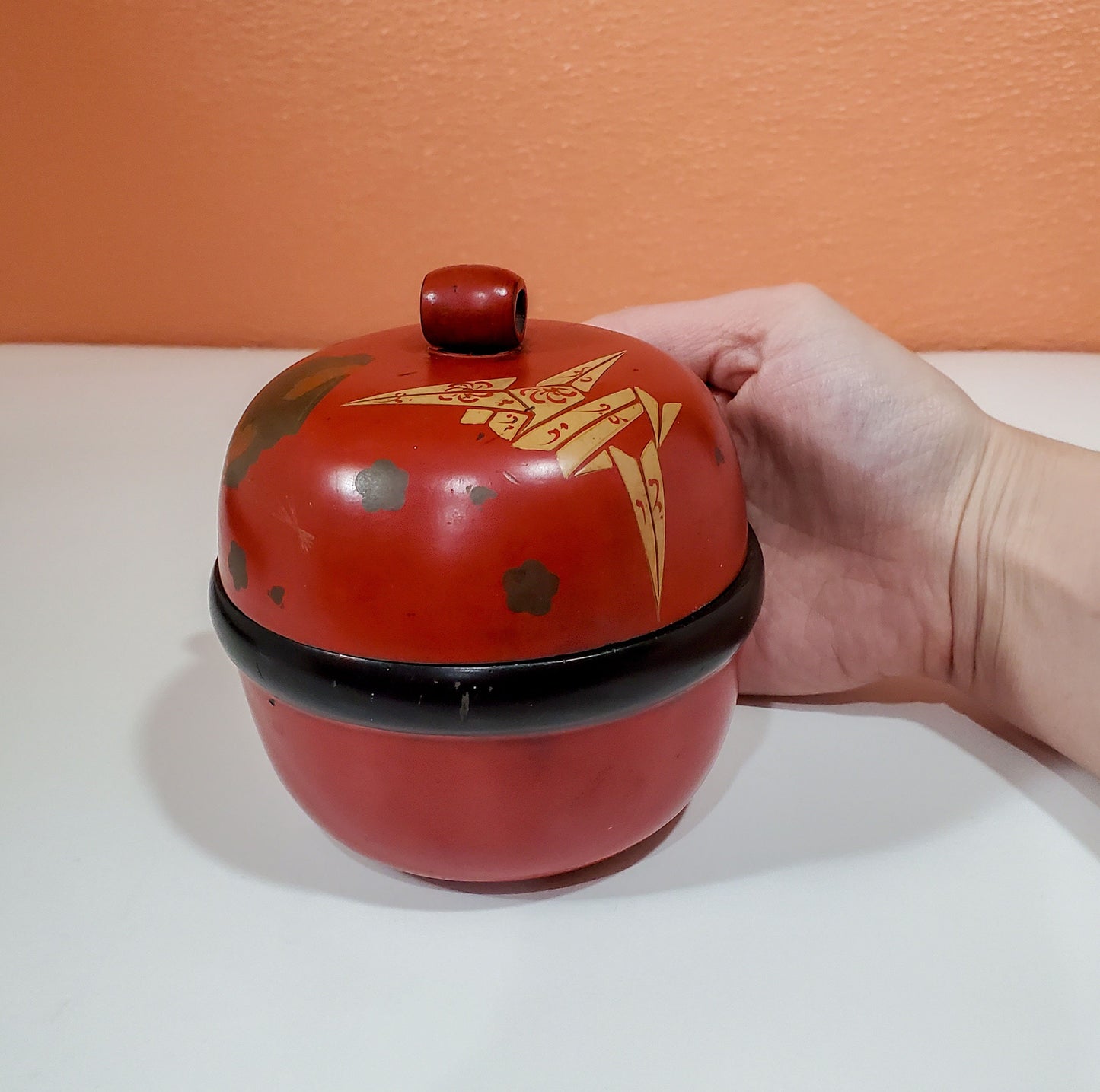 Vintage Japanese Black Lacquered Writing Box and Red Round Lacquered Wooden Box