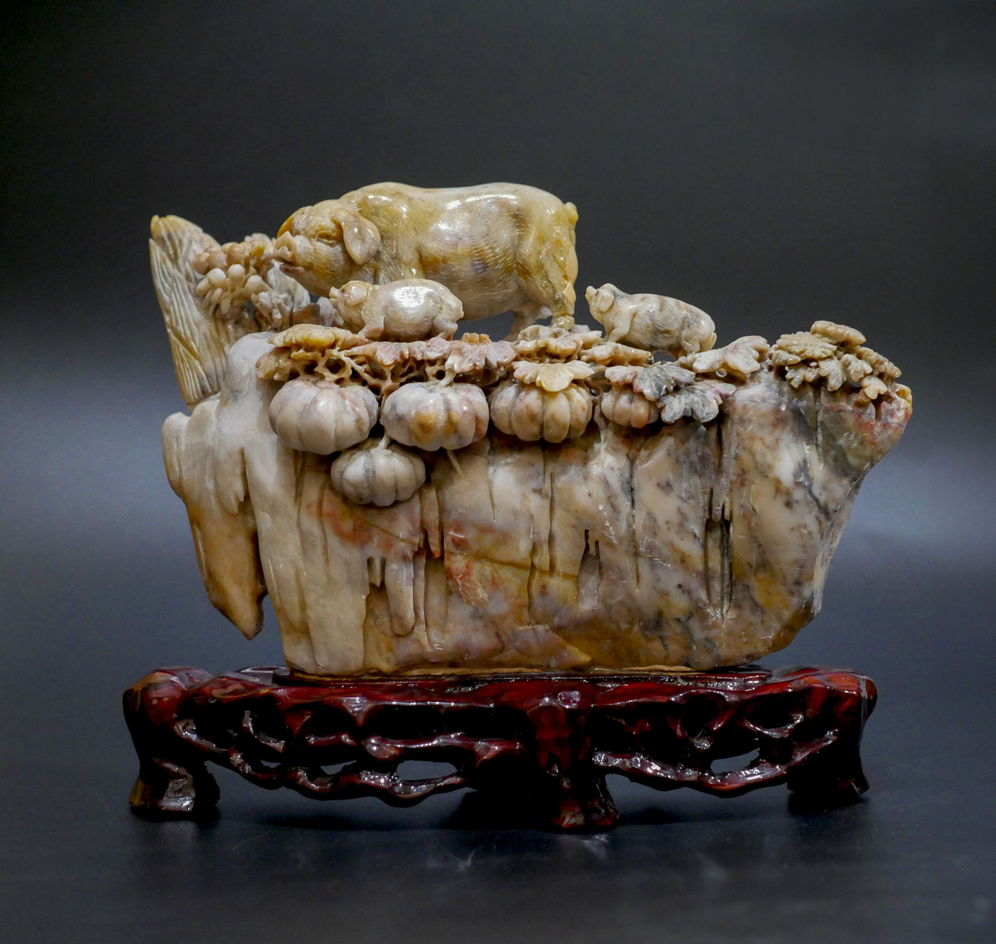 Vintage Chinese Soapstone Carving Of Pig With Piglets Atop A Cliff On Wooden Base