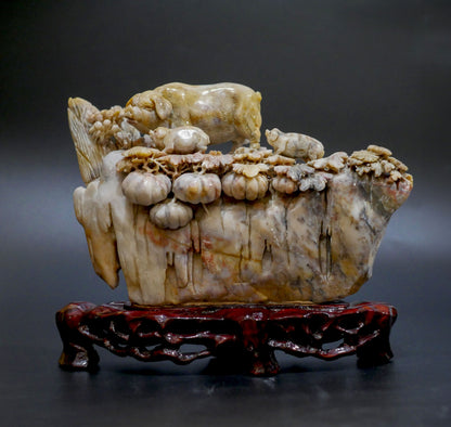 Vintage Chinese Soapstone Carving Of Pig With Piglets Atop A Cliff On Wooden Base