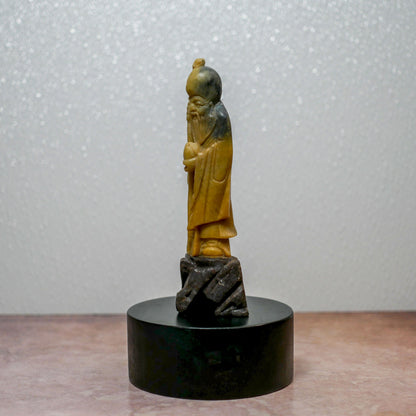 Vintage Chinese Soapstone Carved Longevity God Shou Lao On Wooden Base