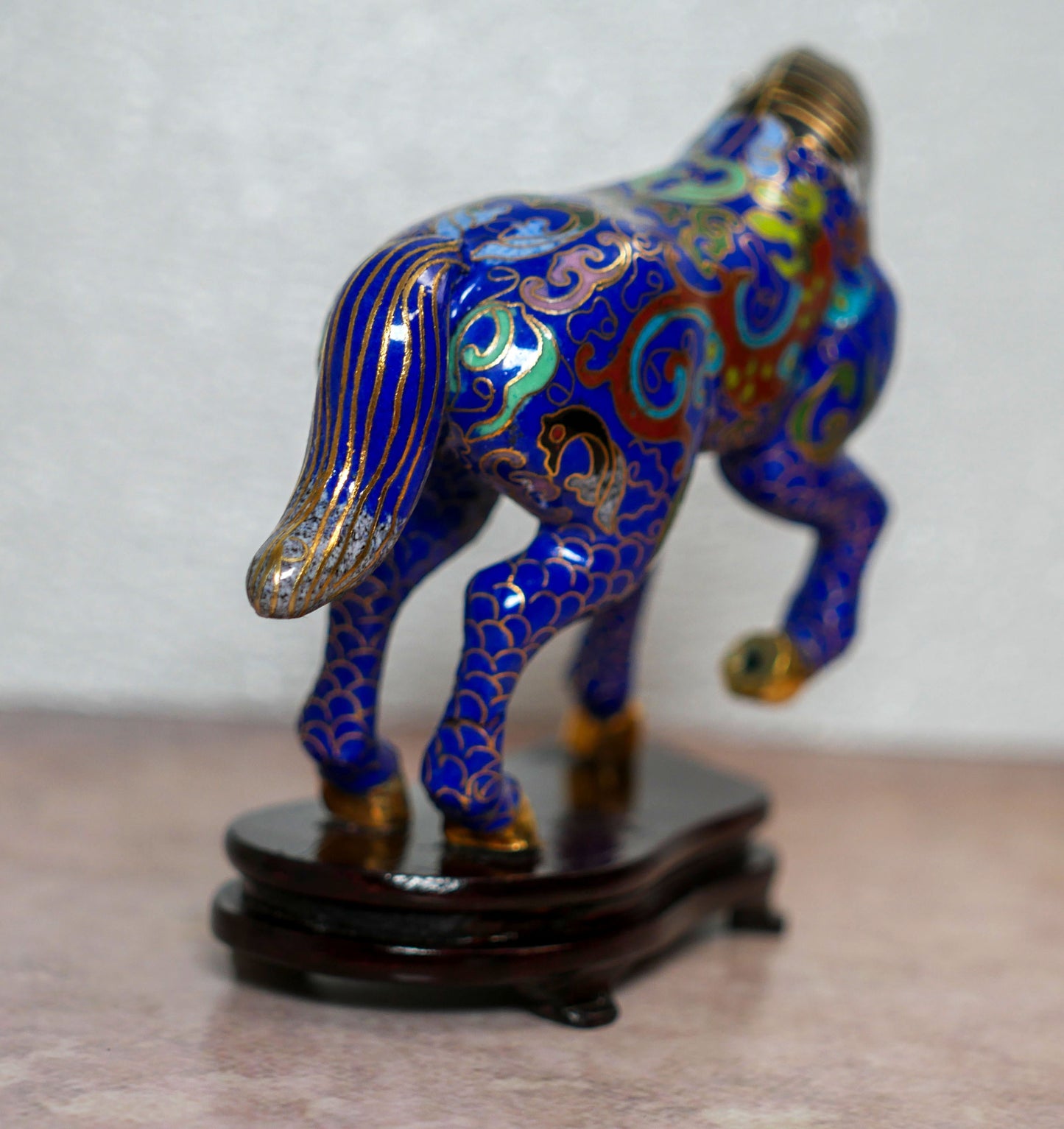 Vintage Chinese Cloisonné Horse Figurine Statue Enameled Brass On Wooden Base - 5.5" Long