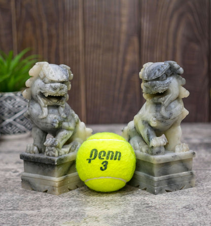 Vintage Chinese Foo Lion Dogs Hand Carved Soapstone Bookend Decor Statues - Pair 5.5" Tall