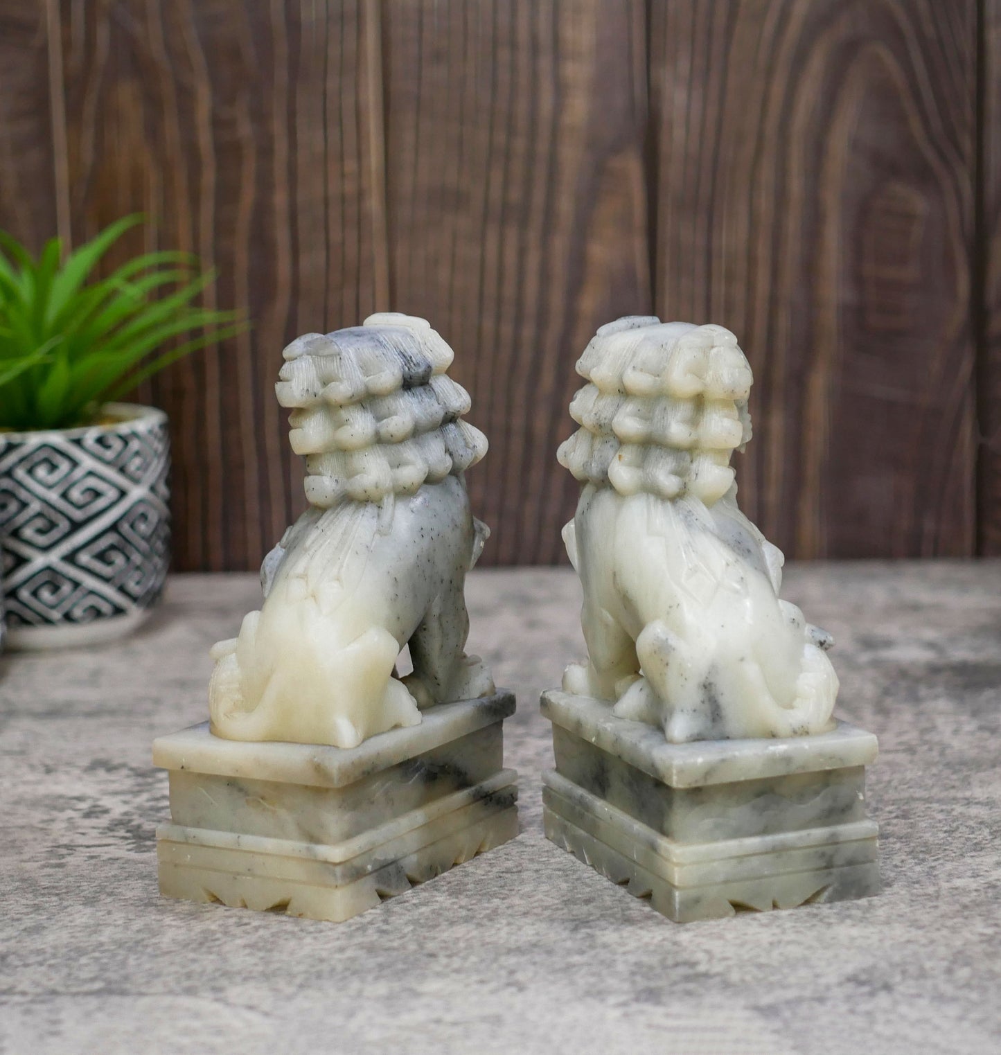 Vintage Chinese Foo Lion Dogs Hand Carved Soapstone Bookend Decor Statues - Pair 5.5" Tall