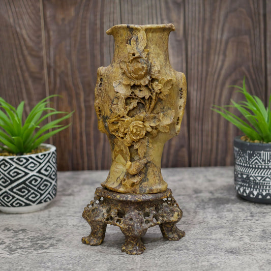 Vintage Chinese Soapstone Hand Carved Floral Vase on Stand - Collectible Vase Decor 9.75" Tall