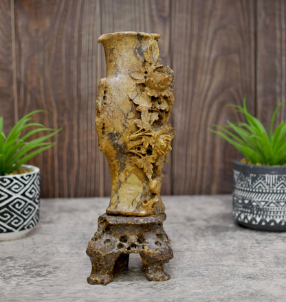 Vintage Chinese Soapstone Hand Carved Floral Vase on Stand - Collectible Vase Decor 9.75" Tall