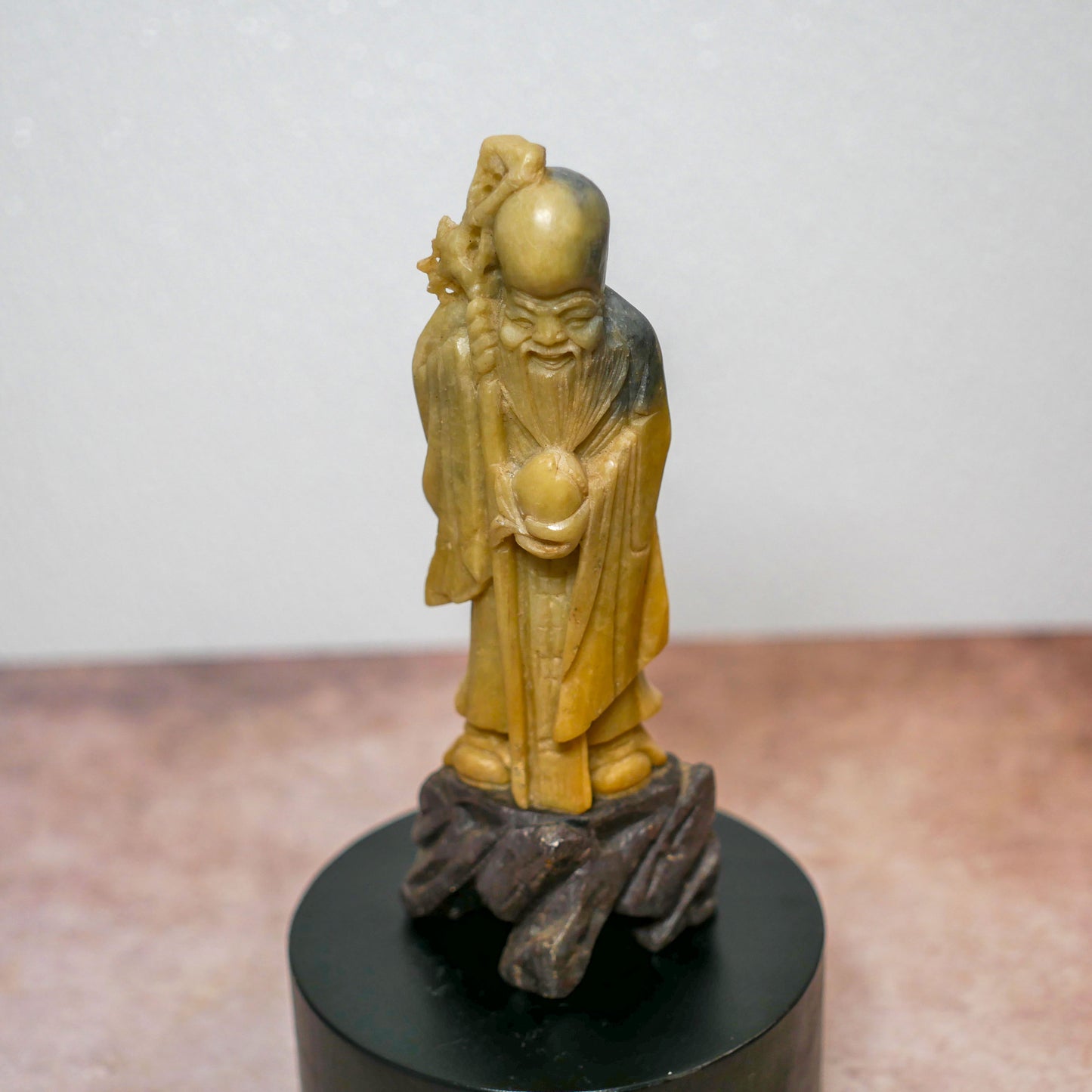 Vintage Chinese Soapstone Carved Longevity God Shou Lao On Wooden Base