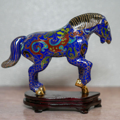 Vintage Chinese Cloisonné Horse Figurine Statue Enameled Brass On Wooden Base - 5.5" Long