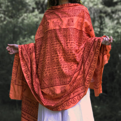 Oversize Yoga Meditation Prayer Shawl - Krishna Mantra - Peach-Orange  87” Long