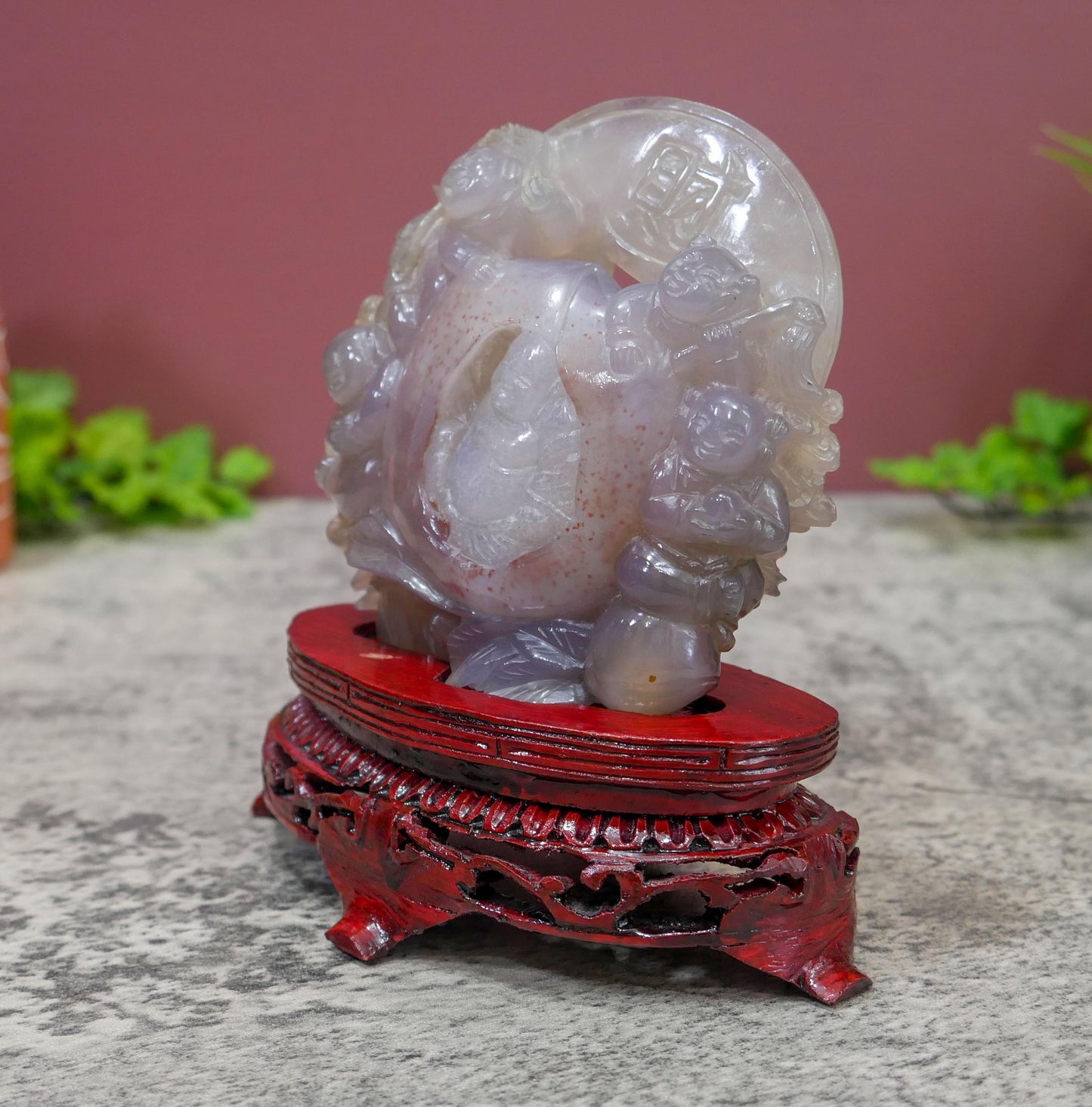 Chinese Agate Quartz Carved Happy Fertility Buddha On Stand - Rare Sculpture