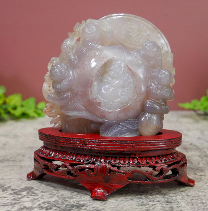 Chinese Agate Quartz Carved Happy Fertility Buddha On Stand - Rare Sculpture