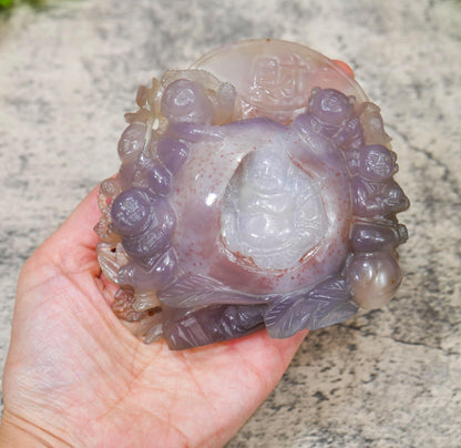 Chinese Agate Quartz Carved Happy Fertility Buddha On Stand - Rare Sculpture