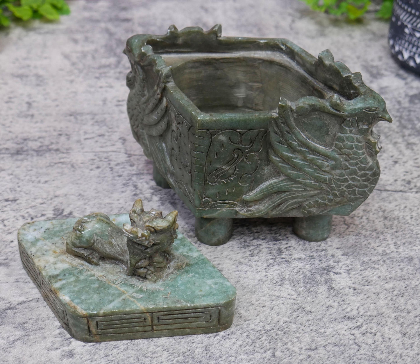 Chinese Vintage Carved Jade Footed  Foo Dog Ding Censer Burner with Lid - 6" Long