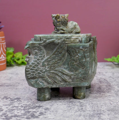 Chinese Vintage Carved Jade Footed  Foo Dog Ding Censer Burner with Lid - 6" Long