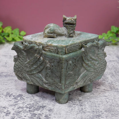 Chinese Vintage Carved Jade Footed  Foo Dog Ding Censer Burner with Lid - 6" Long