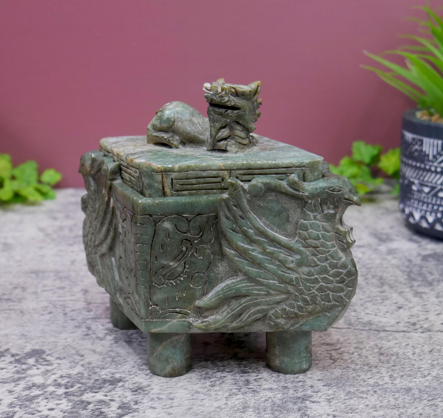 Chinese Vintage Carved Jade Footed  Foo Dog Ding Censer Burner with Lid - 6" Long