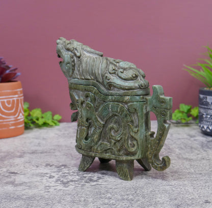 Hand Carved Chinese Jade Foo Dog Ritual Gong Wine Vessel with Removable Lid - 7" Tall