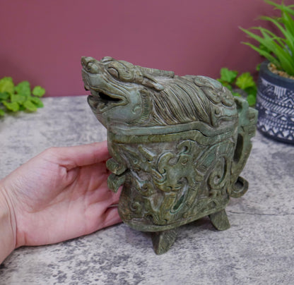 Hand Carved Chinese Jade Foo Dog Ritual Gong Wine Vessel with Removable Lid - 7" Tall