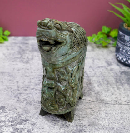 Hand Carved Chinese Jade Foo Dog Ritual Gong Wine Vessel with Removable Lid - 7" Tall