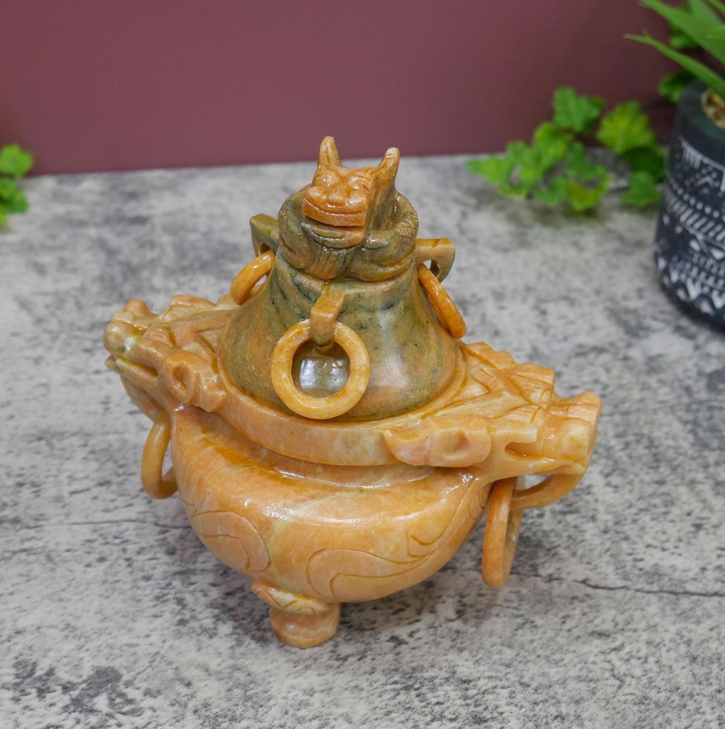 Vintage Chinese Carved Stone Foo Dog Incense Censer Burner with Lid - 6" Long