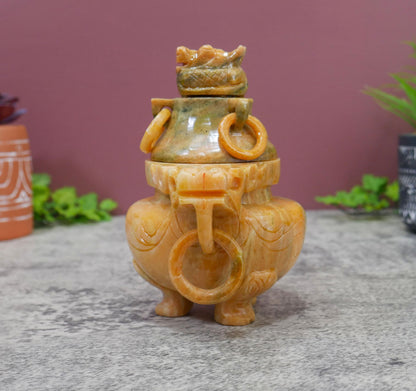 Vintage Chinese Carved Stone Foo Dog Incense Censer Burner with Lid - 6" Long