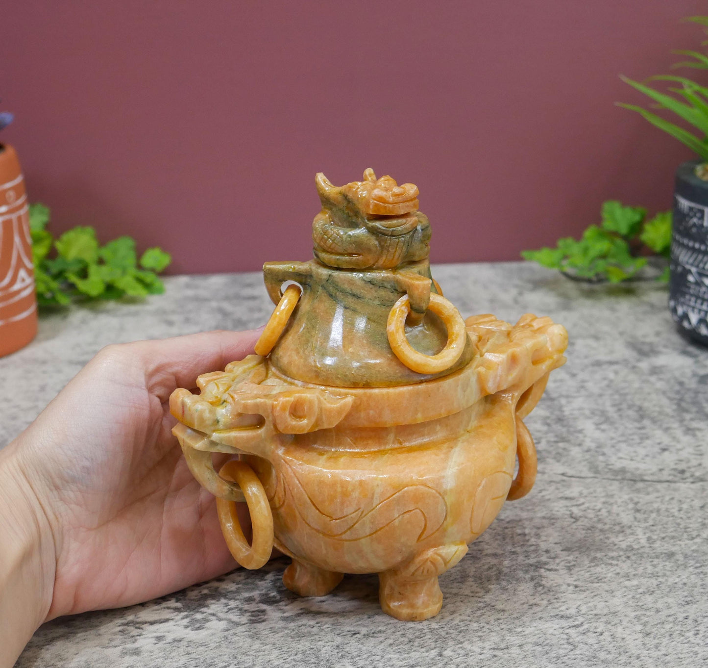 Vintage Chinese Carved Stone Foo Dog Incense Censer Burner with Lid - 6" Long