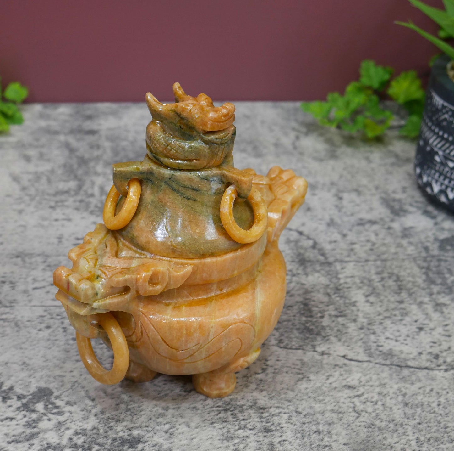 Vintage Chinese Carved Stone Foo Dog Incense Censer Burner with Lid - 6" Long