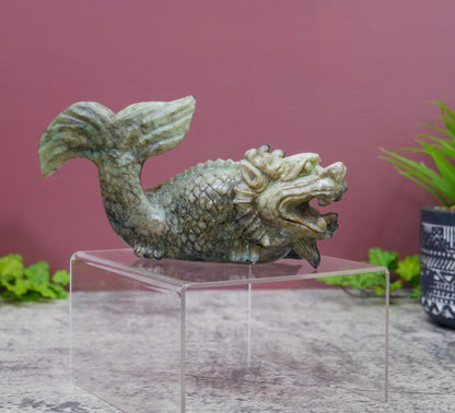 Vintage Chinese Carved Jade Dragon Carp Fish Statue Sculpture -