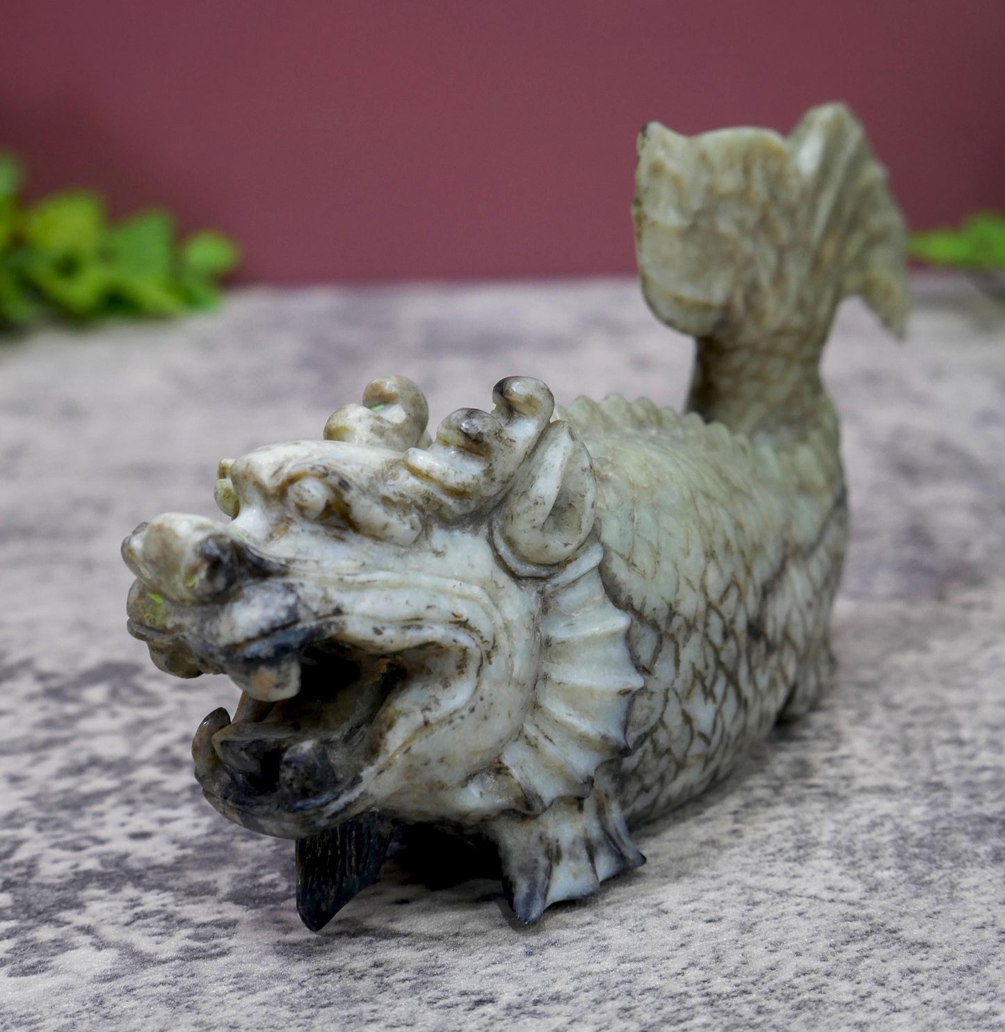 Vintage Chinese Carved Jade Dragon Carp Fish Statue Sculpture -