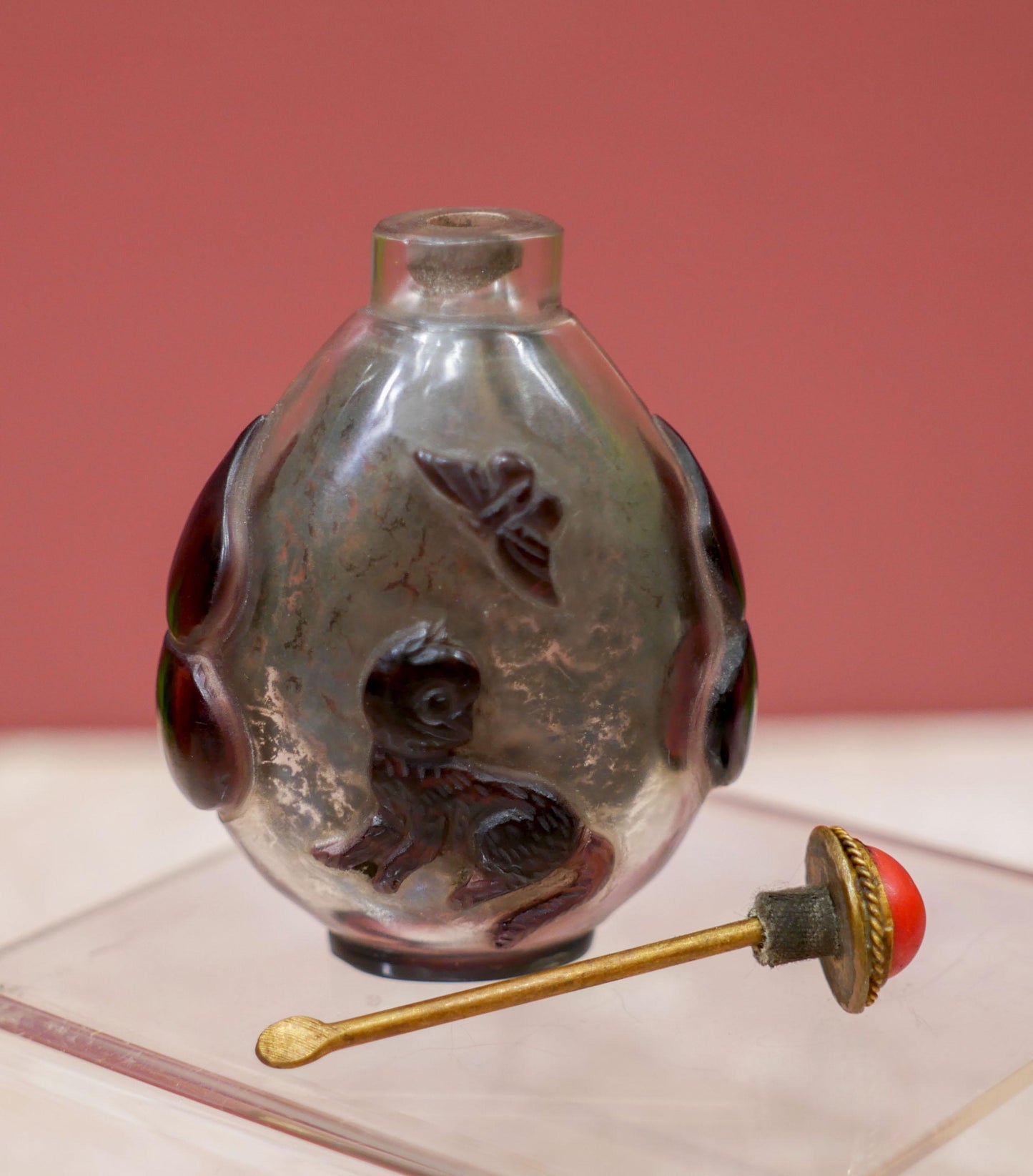 Vintage Chinese Peking Glass Overlay Carved Snuff Bottle - Cat Chasing Butterfly