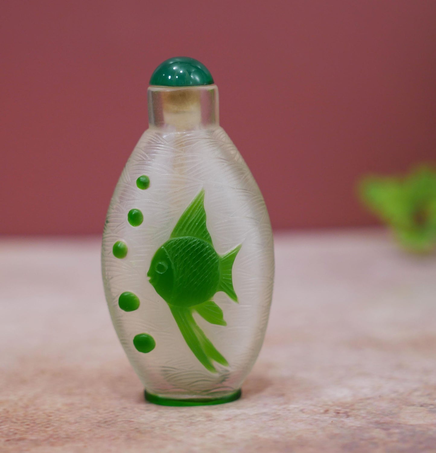 3" Vintage Chinese Peking Glass Overlay Carved Snuff Bottle - Green Fish Design