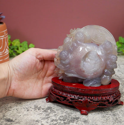 Chinese Agate Quartz Carved Happy Fertility Buddha On Stand - Rare Sculpture