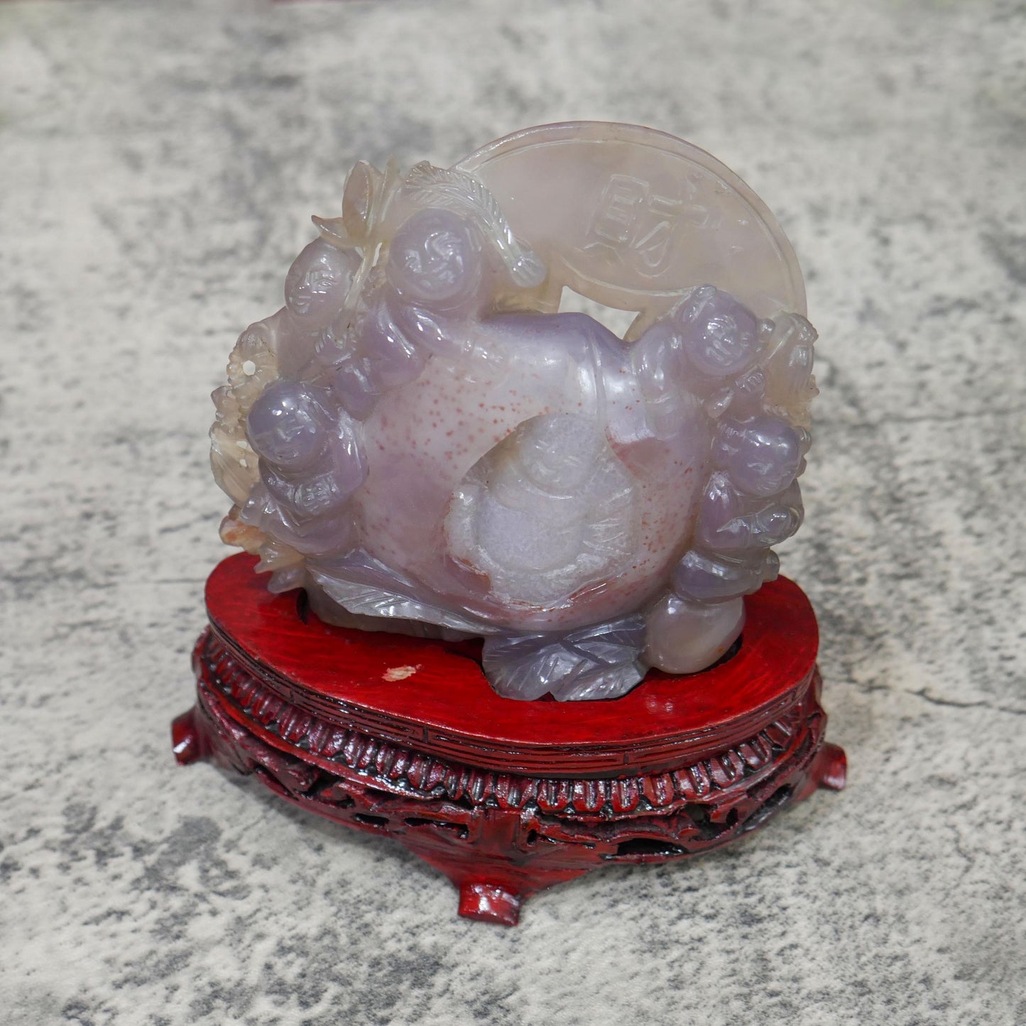 Chinese Agate Quartz Carved Happy Fertility Buddha On Stand - Rare Sculpture