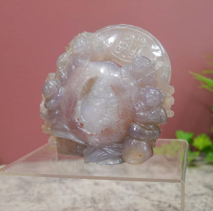 Chinese Agate Quartz Carved Happy Fertility Buddha On Stand - Rare Sculpture