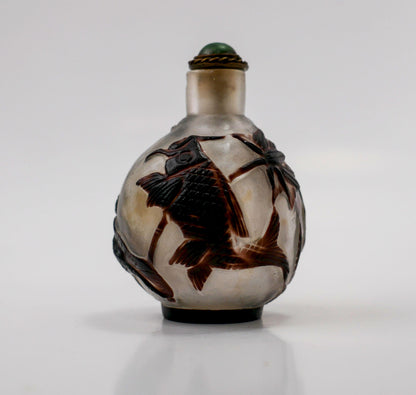 Round Snuff Bottle | Vintage Chinese Peking Glass Carved Snuff Bottle - 2.25" Tall