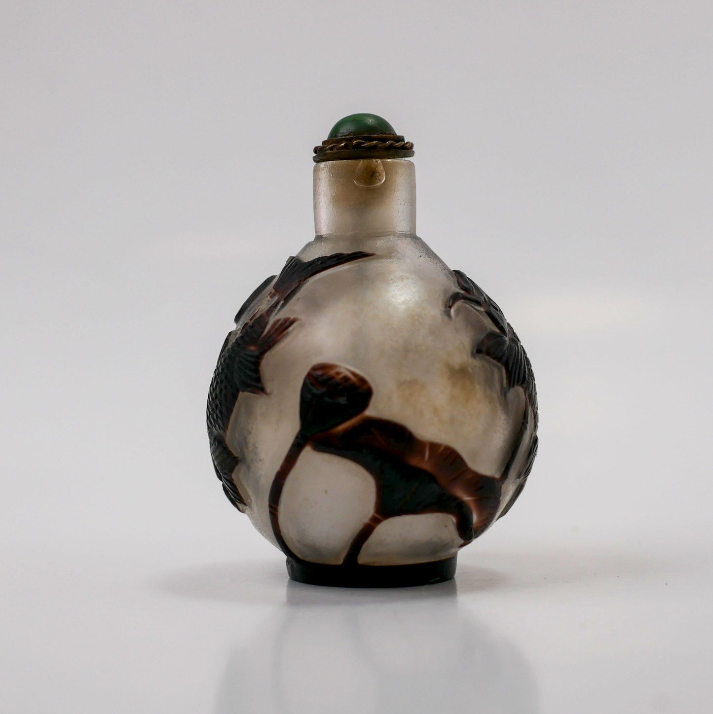 Round Snuff Bottle | Vintage Chinese Peking Glass Carved Snuff Bottle - 2.25" Tall