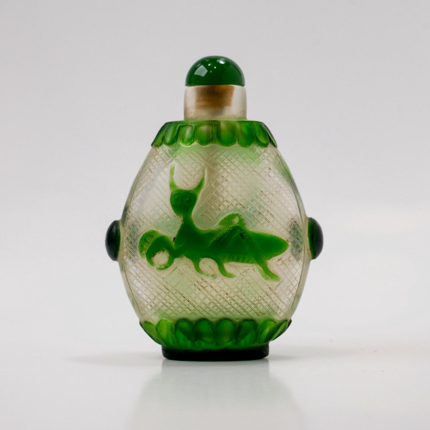 3" Snuff Bottle | Vintage Chinese Peking Glass Carved Grasshopper Snuff Bottle