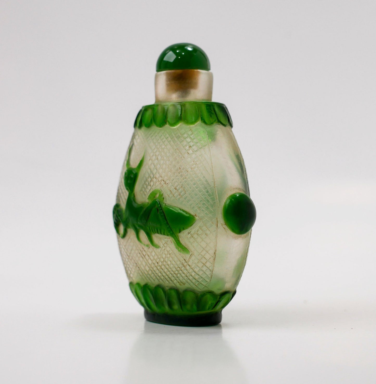 3" Snuff Bottle | Vintage Chinese Peking Glass Carved Grasshopper Snuff Bottle