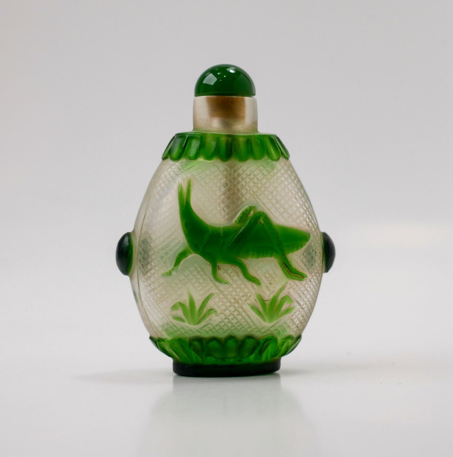 3" Snuff Bottle | Vintage Chinese Peking Glass Carved Grasshopper Snuff Bottle