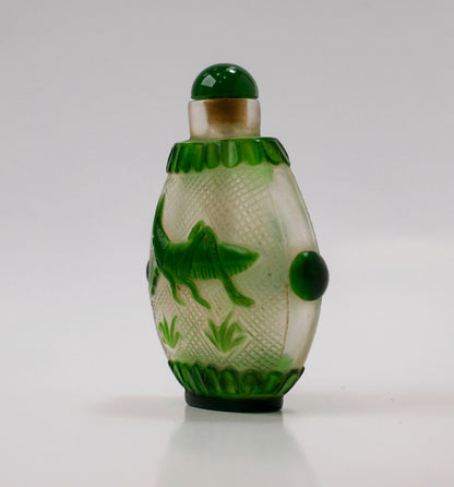 3" Snuff Bottle | Vintage Chinese Peking Glass Carved Grasshopper Snuff Bottle