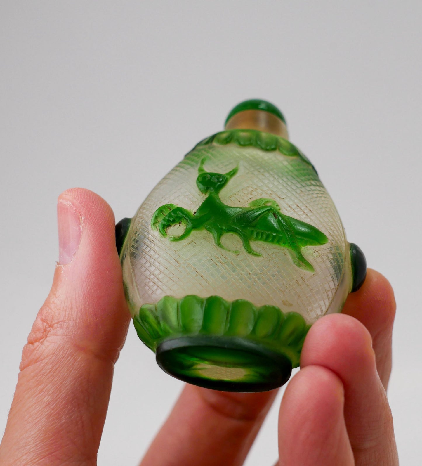 3" Snuff Bottle | Vintage Chinese Peking Glass Carved Grasshopper Snuff Bottle