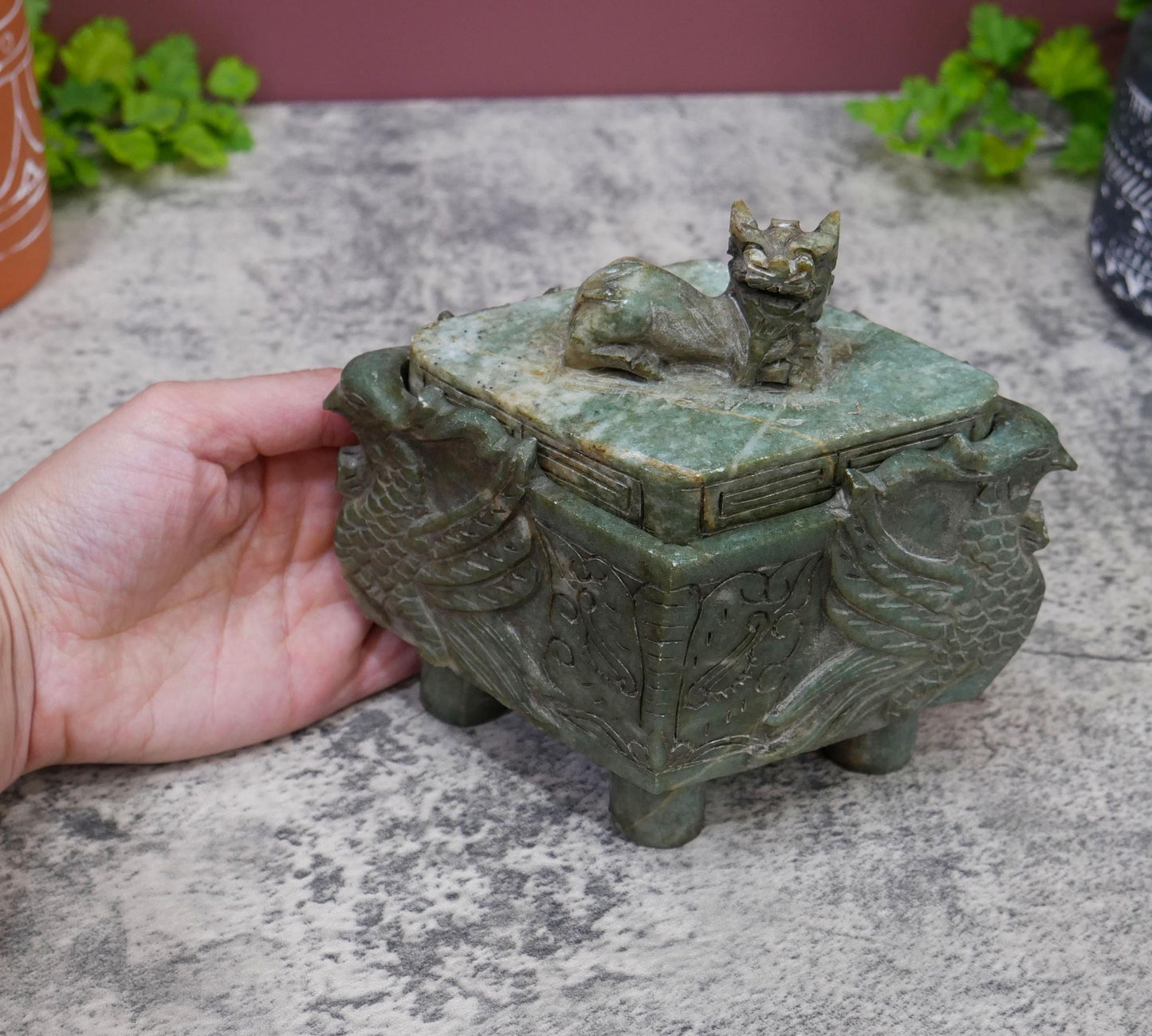 Chinese Vintage Carved Jade Footed  Foo Dog Ding Censer Burner with Lid - 6" Long