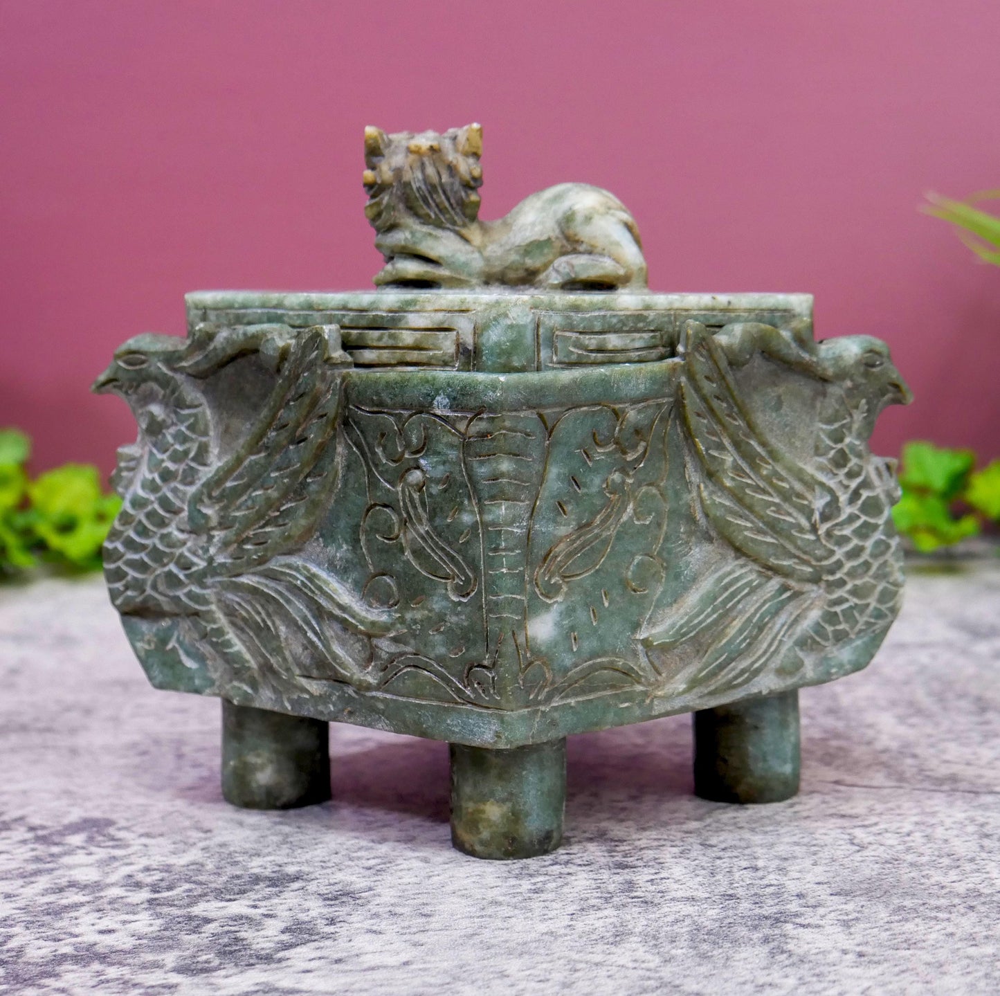 Chinese Vintage Carved Jade Footed  Foo Dog Ding Censer Burner with Lid - 6" Long