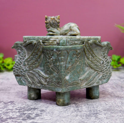 Chinese Vintage Carved Jade Footed  Foo Dog Ding Censer Burner with Lid - 6" Long