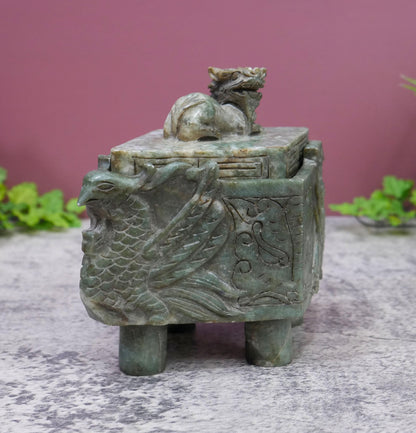 Chinese Vintage Carved Jade Footed  Foo Dog Ding Censer Burner with Lid - 6" Long