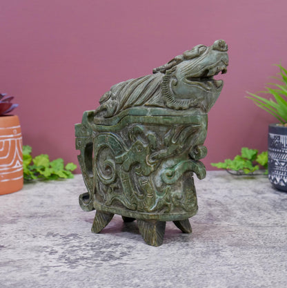 Hand Carved Chinese Jade Foo Dog Ritual Gong Wine Vessel with Removable Lid - 7" Tall