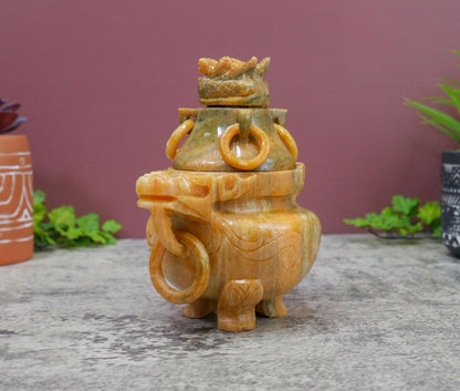 Vintage Chinese Carved Stone Foo Dog Incense Censer Burner with Lid - 6" Long