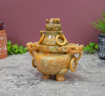 Vintage Chinese Carved Stone Foo Dog Incense Censer Burner with Lid - 6" Long