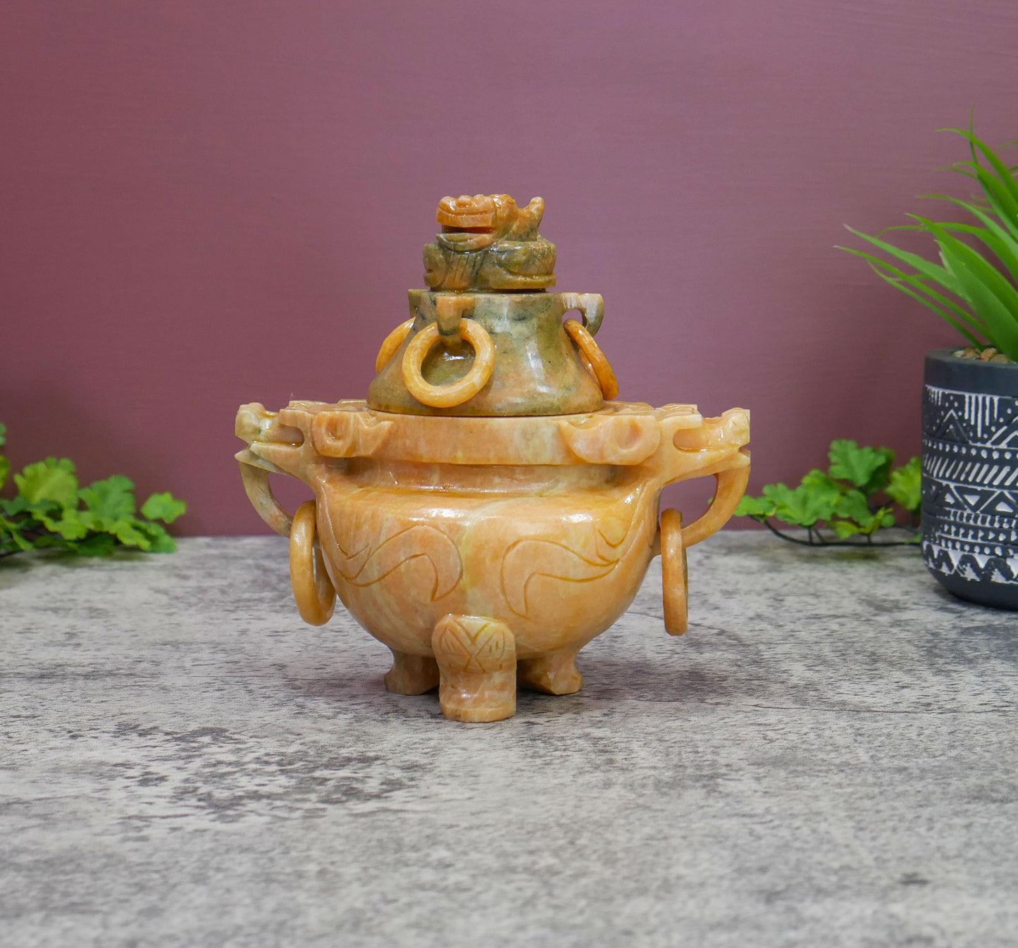 Vintage Chinese Carved Stone Foo Dog Incense Censer Burner with Lid - 6" Long