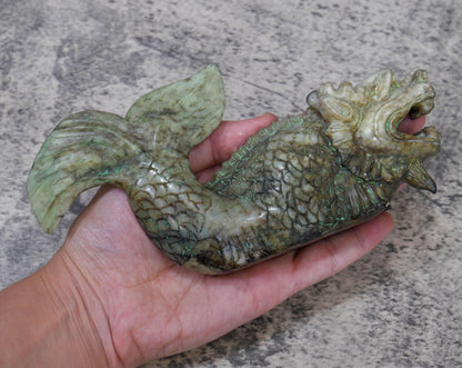 Vintage Chinese Carved Jade Dragon Carp Fish Statue Sculpture -